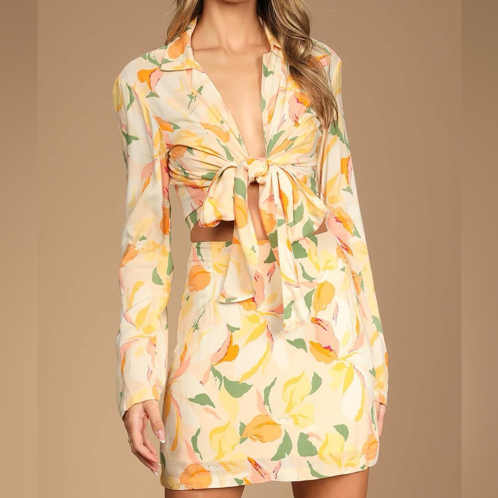 Rhythm Livin Ivy Floral Tie Front Crop Top & Mini Skirt Set XS 6 NWT